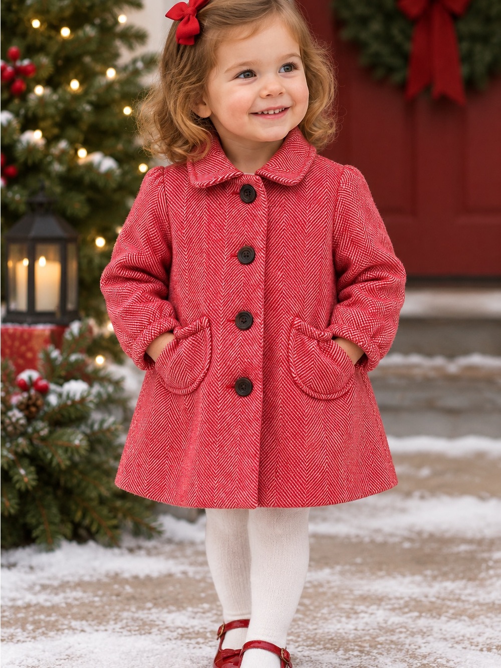 Vintage GAP Girls Red Herringbone Pea Coat holiday wool blend Christmas photos 2